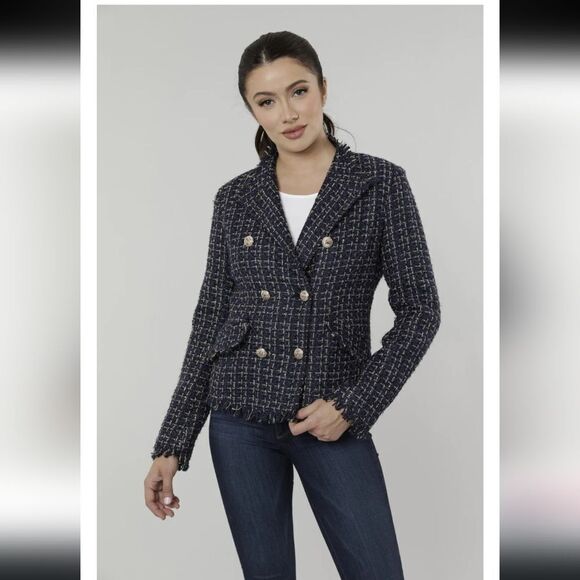 Dolce Cabo Gold Button Tweed Blazer Navy Blue Shoulder Pads Fringe Hem Size M - Picture 2 of 12